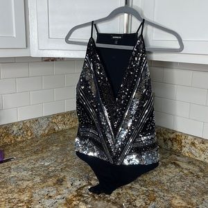 Silver/Black Sequence Body Suit!! Express Size Medium!!! Beck is velvet like!